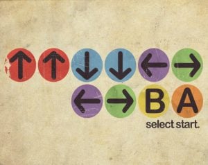 A flat-style digital illustration of video game controller arrows and classic B and A buttons, referencing the Konami Code.