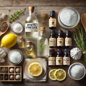 Flat lay of natural cleaning ingredients including vinegar, lemon, essential oils, Castile soap, and baking soda on a wooden surface.