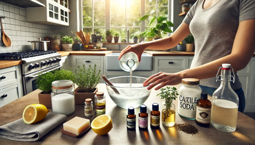 A bright, minimalistic kitchen where a person is mixing an all-natural cleaner in a glass bowl. Fresh lemons, essential oils, white vinegar, Castile soap, and baking soda are neatly arranged on the countertop. Sunlight streams in through large windows, with a potted plant in the background, emphasizing an eco-friendly, chemical-free lifestyle.