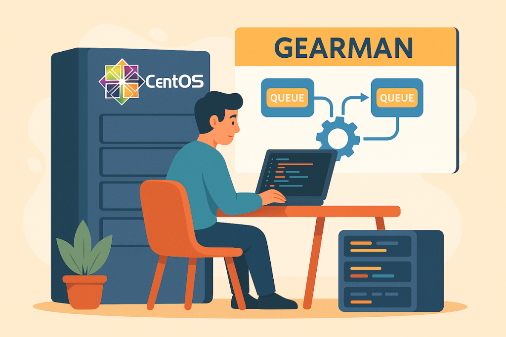 Gearman setup on CentOS 6 showing distributed queue processing