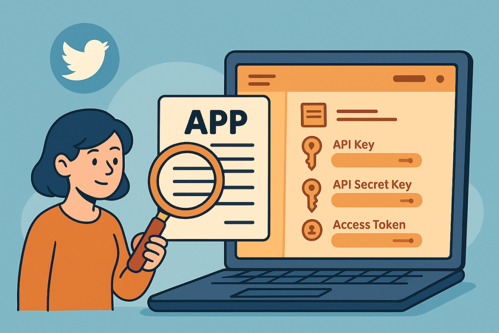 Illustration showing API keys and access tokens for a Twitter application setup