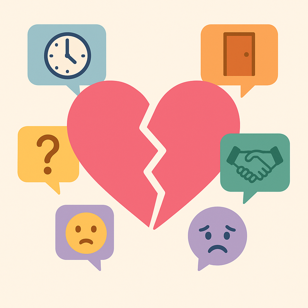 A flat-style digital illustration depicts a large broken pink heart surrounded by colorful chat bubbles containing breakup symbols like a clock, door, handshake, question mark, and sad face.