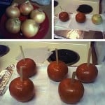 Onions made to look like candy apples.