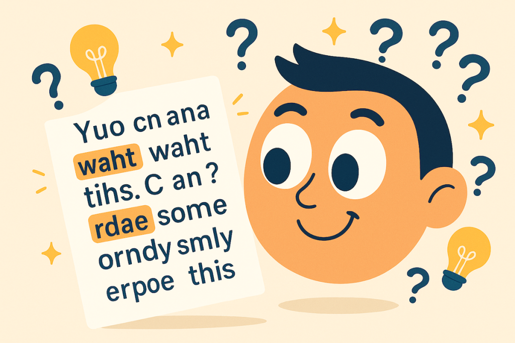 A cheerful cartoon face looks curiously at a floating sheet of paper filled with jumbled letters, surrounded by question marks, lightbulbs, and sparkles.