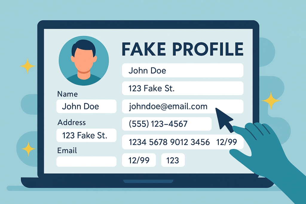 A flat-style digital illustration depicts a computer screen auto-filling a fake online profile form with random details, featuring a cartoon user avatar and playful, secure vibes.