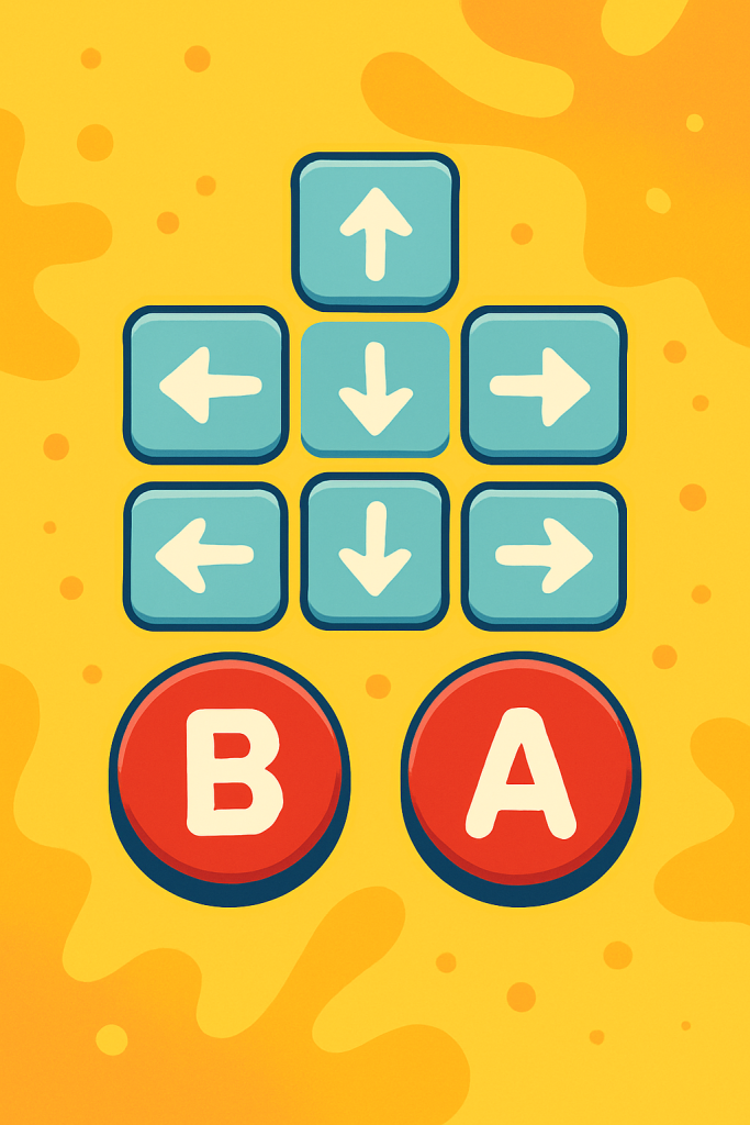 A flat-style digital illustration features directional arrow buttons and large red B and A buttons, referencing the classic Konami Code, on a playful yellow retro background.