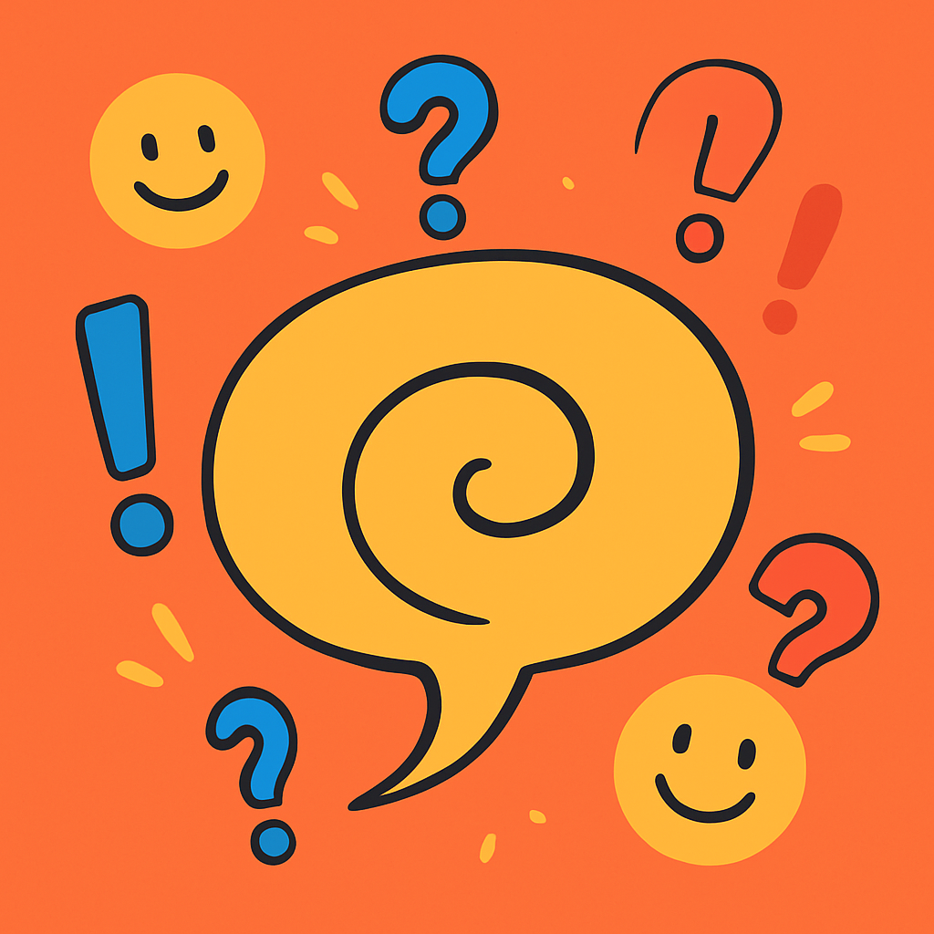 A flat-style digital illustration features a large yellow speech bubble with a spiral tail, surrounded by blue exclamation points, blue and red question marks, and smiling yellow faces on an orange background.