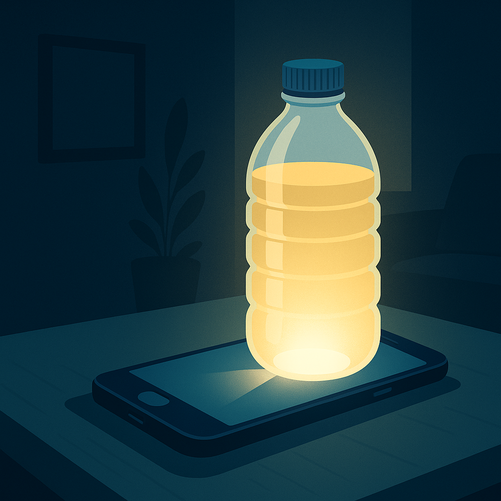 A smartphone on a table shines upward through a translucent water bottle, glowing and illuminating a dark room. Illustration of a creative life hack lantern.