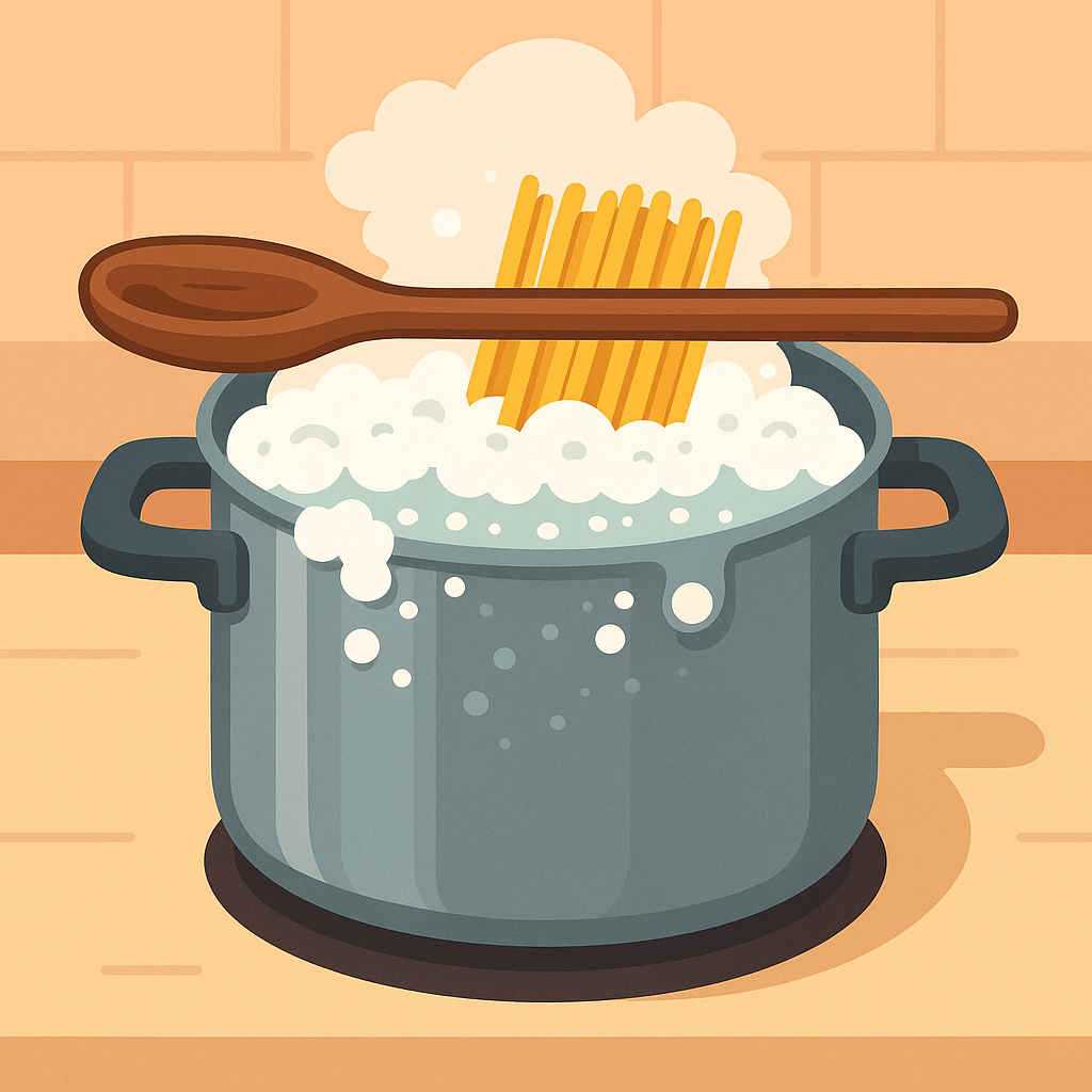 A cartoon illustration of a large stainless steel pot with boiling water and spaghetti inside, bubbling with foam about to boil over. A wooden spoon rests horizontally across the top, stopping the foam. The scene is set on a warm-toned kitchen counter.