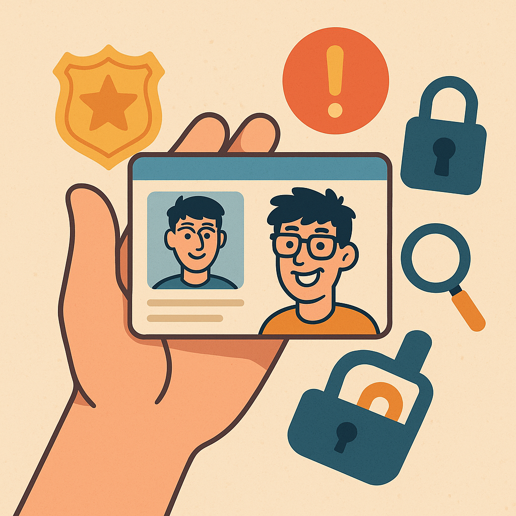 A flat-style digital illustration features a hand holding a cartoonish fake ID card with a smiling portrait, surrounded by icons of a police badge, exclamation mark, padlock, and magnifying glass.
