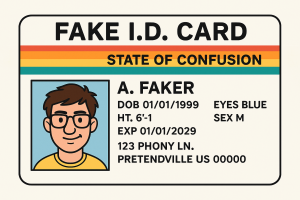A novelty fake ID card labeled “FAKE I.D. CARD” from the “State of Confusion,” featuring a rainbow stripe, a cartoon portrait, and made-up details for a character named A. Faker.
