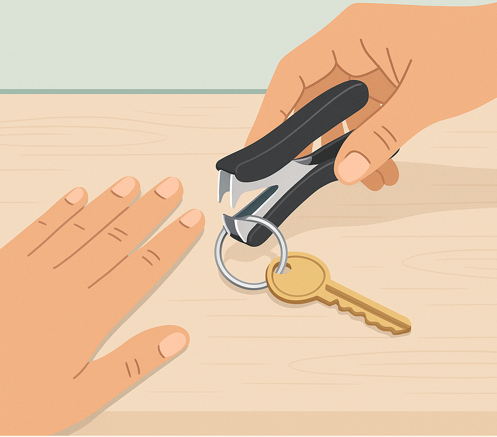 Using a staple remover to open a key ring without damaging fingernails