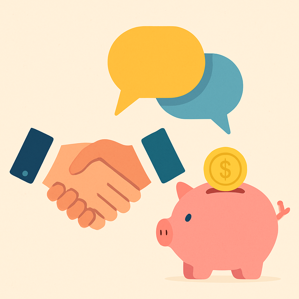 A flat-style vector illustration features three symbols: a handshake, a pink piggy bank with a gold coin, and two overlapping speech bubbles, all on a soft beige background.