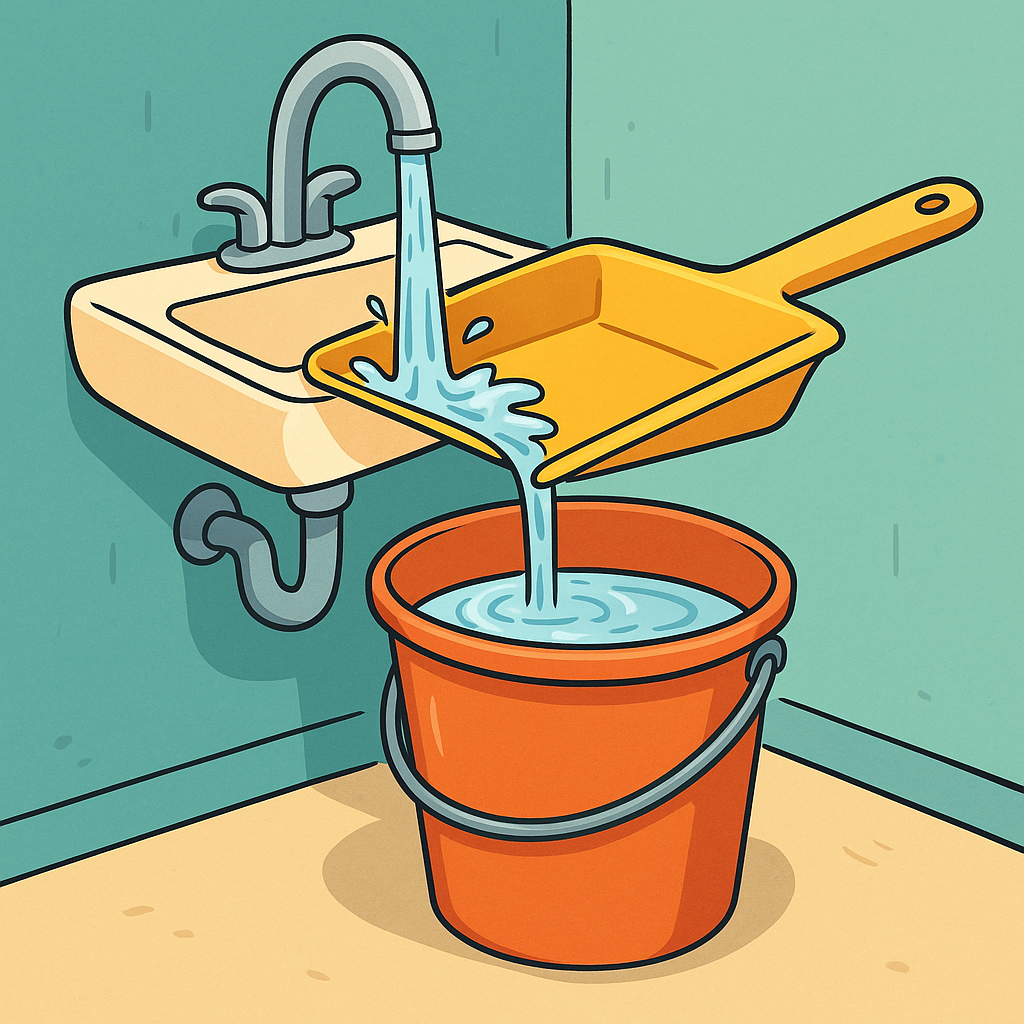 A flat-style digital illustration shows a small sink with water flowing into a dustpan, which directs the stream into a blue bucket on the floor.
