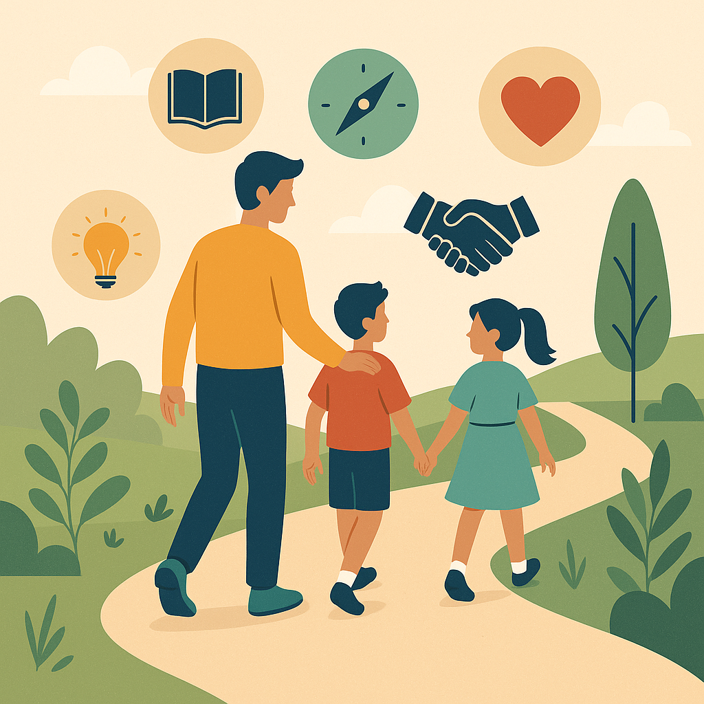 A flat-style digital illustration depicts a father walking with his two children along a winding path, surrounded by floating icons symbolizing a book, compass, heart, handshake, and lightbulb.A flat-style digital illustration depicts a father walking with his two children along a winding path, surrounded by floating icons symbolizing a book, compass, heart, handshake, and lightbulb.