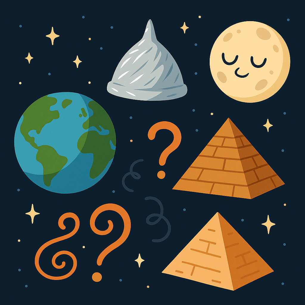A flat-style digital illustration set against a dark blue starry background, featuring a flat Earth, a tinfoil hat, a smiling cartoon moon, ancient pyramids, and swirling orange question marks—symbols of bizarre myths and conspiracy theories.