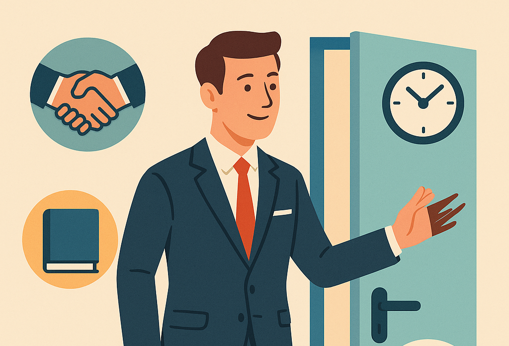 A flat-style digital illustration depicts a gentleman in a suit holding a door open, surrounded by icons of a handshake, clock, book, and bouquet of flowers.