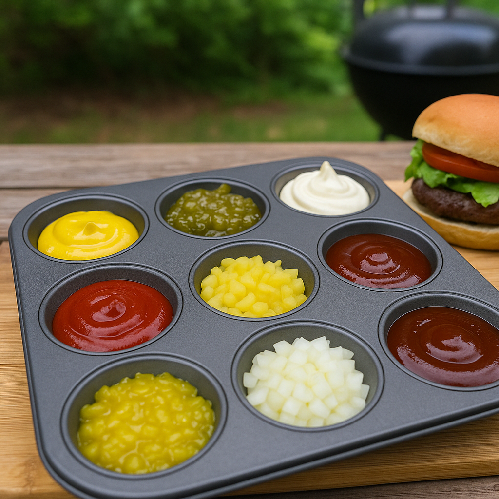 Muffin tin used as a creative condiment tray at a backyard BBQ with colorful sauces and toppings.