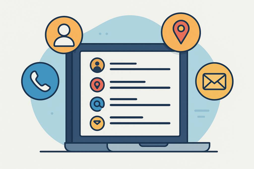 A flat-design digital illustration showcases a laptop screen displaying a contact info form, surrounded by icons for person, map pin, phone, and email.
