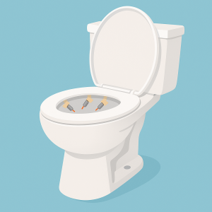 A flat digital illustration features a standard white toilet with the seat raised, showing three small bang snaps taped to the underside of the seat, against a blue background.