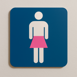 Classic menâs restroom sign humorously altered A playful flat-style illustration of a menâs restroom sign with a bright pink skirt sticker added to the figure, set on a rounded blue background against a light wall.