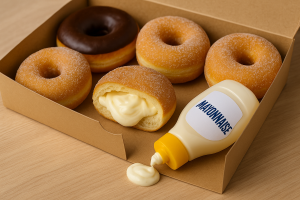 A playful flat-style digital illustration of a round donut cut open to reveal a white mayonnaise filling, with a small jar of mayonnaise beside it, set on a soft blue background.