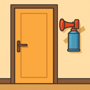 A flat, 2D digital illustration depicts a closed wooden door with a black handle, and a red and blue air horn taped to the wall behind the door at handle height, set against a softly textured beige background.