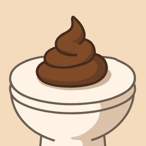 A flat, minimalist digital illustration showcases a realistic-looking swirl of brown clay shaped like poop, resting on the lid of a white toilet.