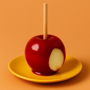 A glossy red candy apple on a yellow plate, but a section reveals a pale onion beneath the candy coating, with a wooden stick in the center, set against an orange background.
