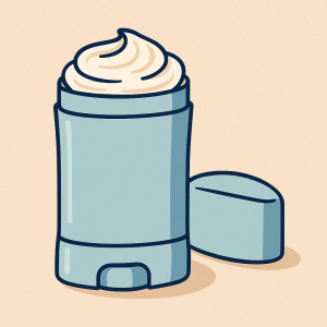 A flat-style digital illustration of a blue twist-up deodorant stick with the cap off, revealing a swirl of creamy cheese in place of deodorant, set against a beige background.