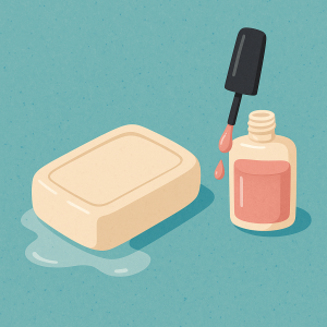 April Foolsâ âpainted soapâ prank A flat-style digital illustration displays a rectangular bar of soap next to an open bottle of pink nail polish with a brush, set on a textured blue background.