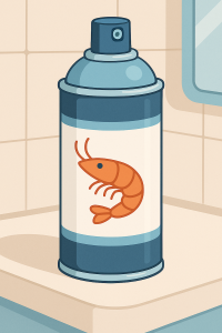 A flat-style digital illustration features an aerosol spray can with a blue and white label and a cartoon shrimp image, placed on a beige bathroom countertop against a tiled wall.