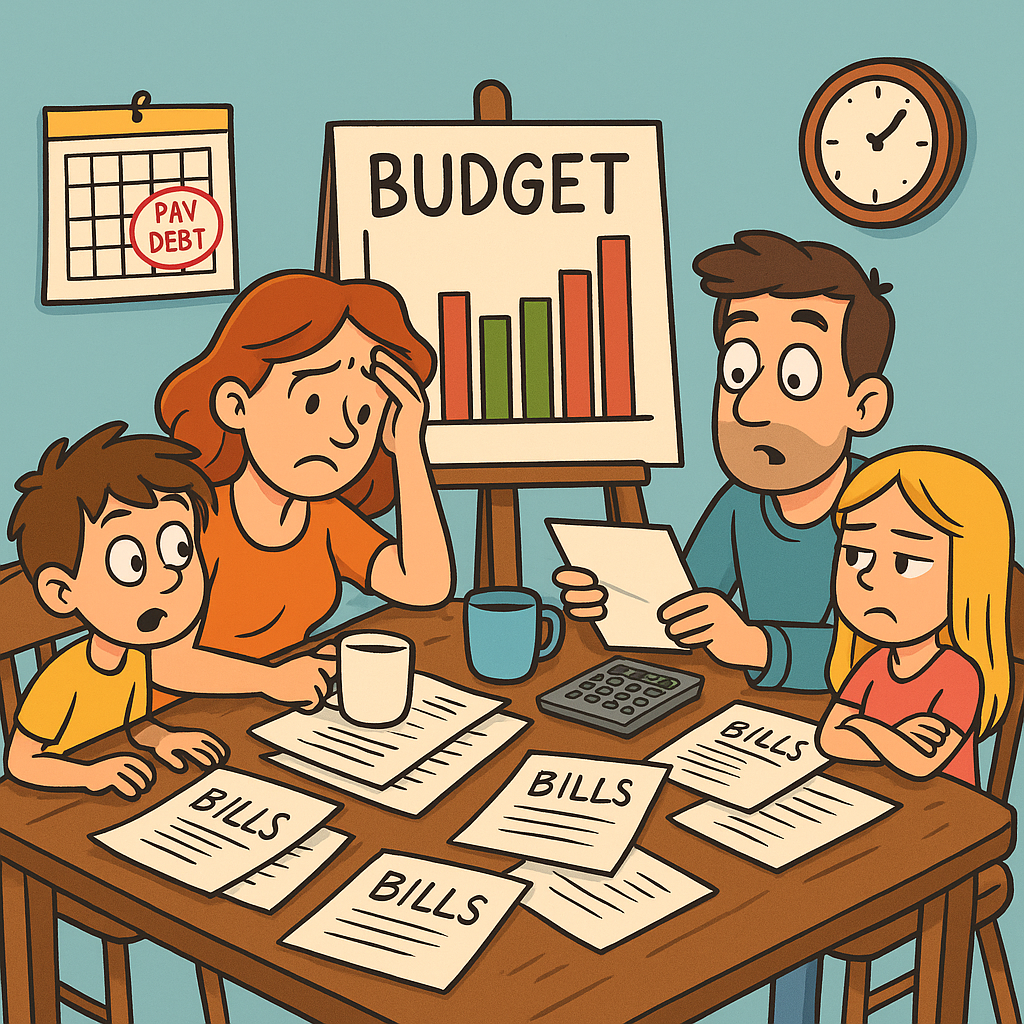 A cartoon family sits at a kitchen table covered in bills and a calculator, with a budget chart and a calendar showing “Pay Debt” circled, humorously comparing the federal budget to a household budget.