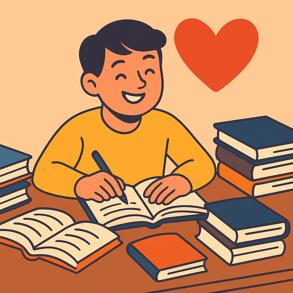 A flat-style digital illustration depicts a young student smiling at a desk, surrounded by piles of books, with a large heart floating in the background.