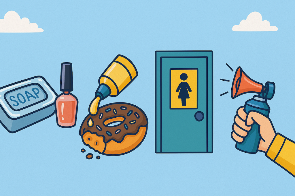 A playful flat-style digital illustration featuring April Fools’ prank items, including a bar of soap, a bottle of clear nail polish, a donut with mayonnaise filling, a restroom door, and an air horn, all arranged on a light blue textured background.
