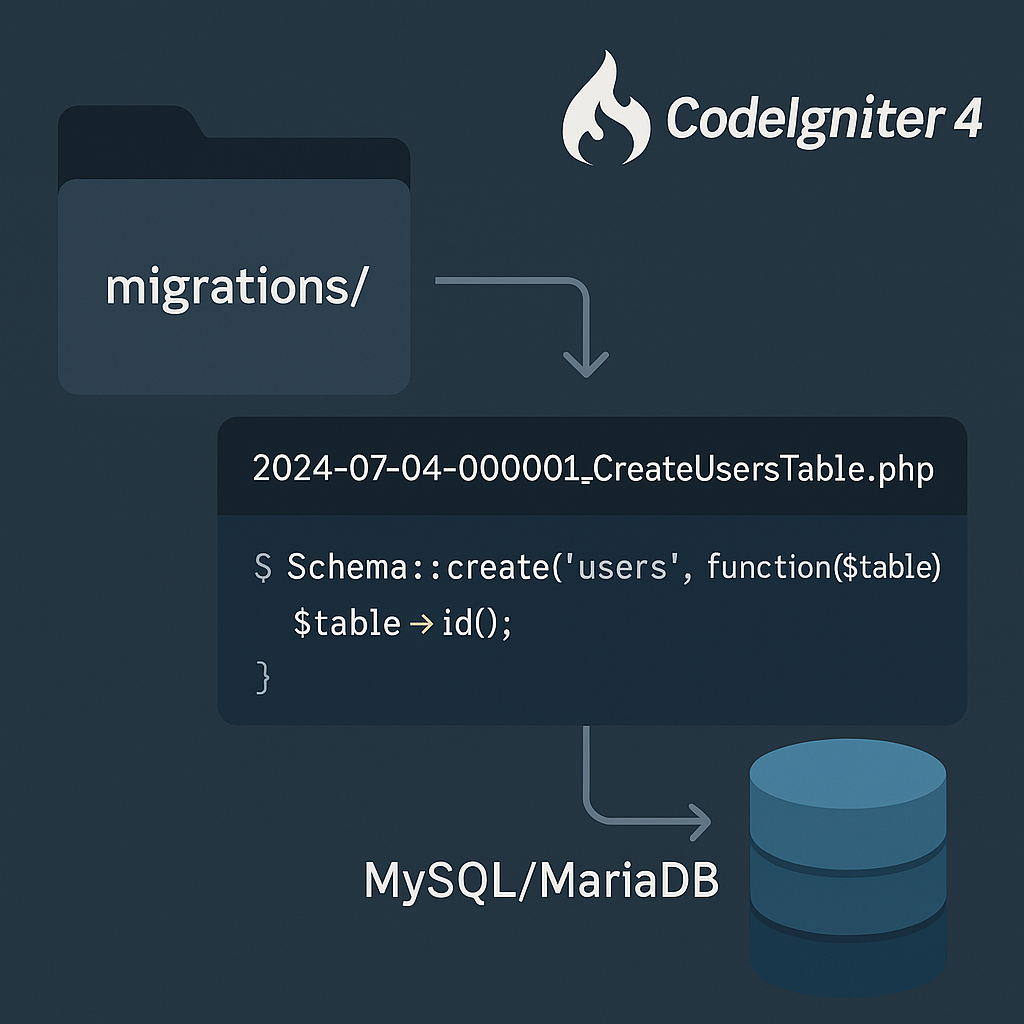 Diagram of CodeIgniter 4 database migrations folder and migration files with a database icon.