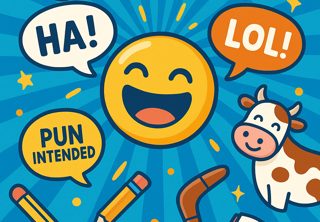 Colorful illustration of a laughing emoji, cow, boomerang, pencils, open book, and speech bubbles with “Ha!”, “LOL!”, and “Pun Intended” around the title “Clean Jokes.”