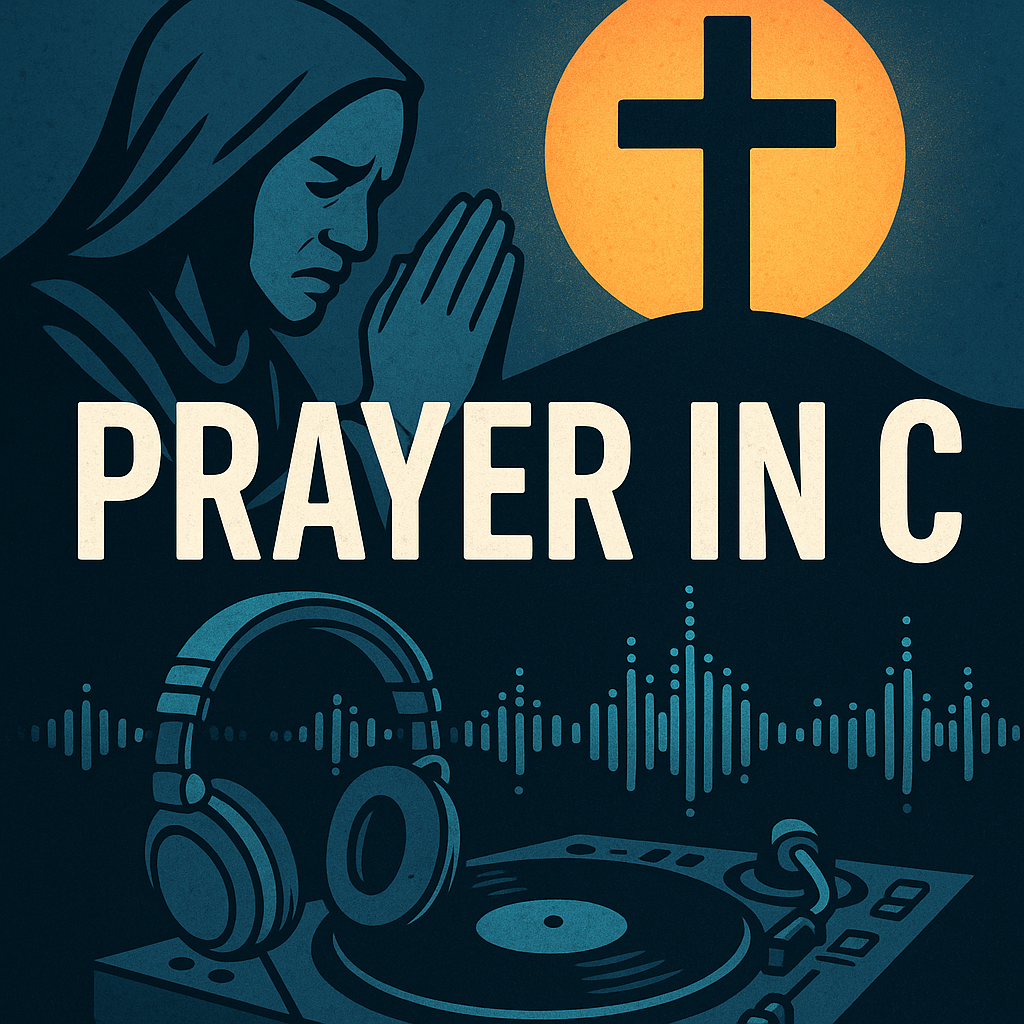 Illustration of a praying figure with a cross, DJ turntable, headphones, and sound waves, capturing the spiritual and musical themes of "Prayer in C."