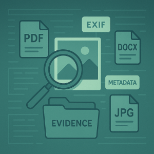 File and image analysis OSINT toolkit illustration—magnifying glass on images, document icons, and metadata tags.