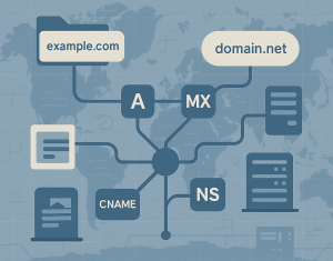 Infrastructure and domain recon OSINT illustration—domain names, DNS records, network nodes, and server icons connected by analysis lines.