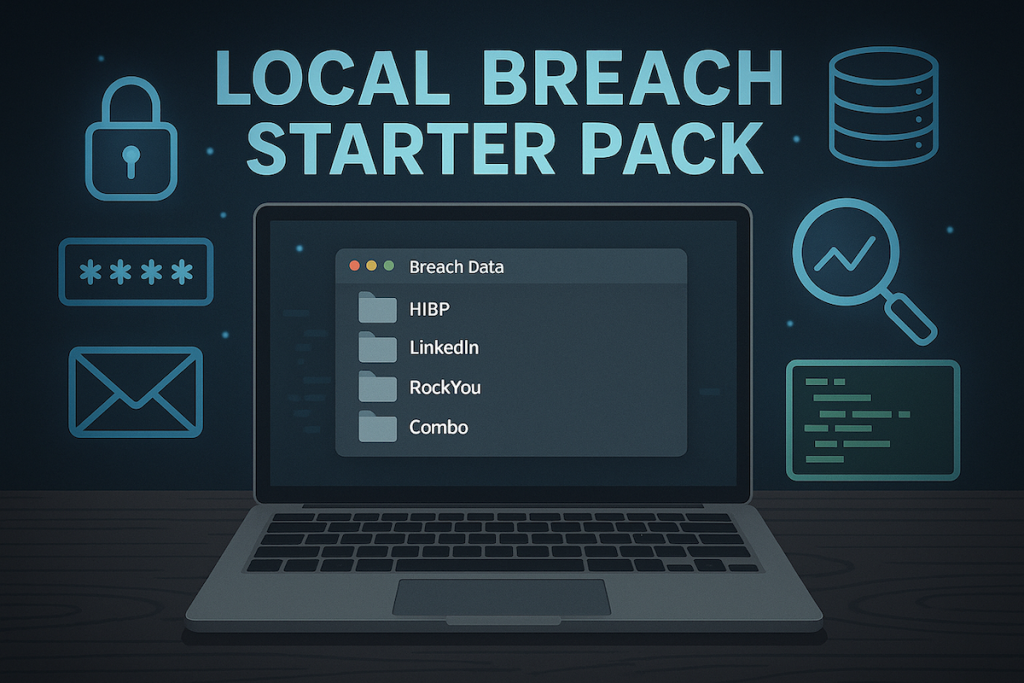 Local breach starter pack illustration: laptop with breach data folders and cybersecurity icons.