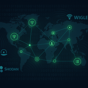 Network recon OSINT toolkit illustration—world map, Wi-Fi hotspots, servers, IP addresses, and connection lines.