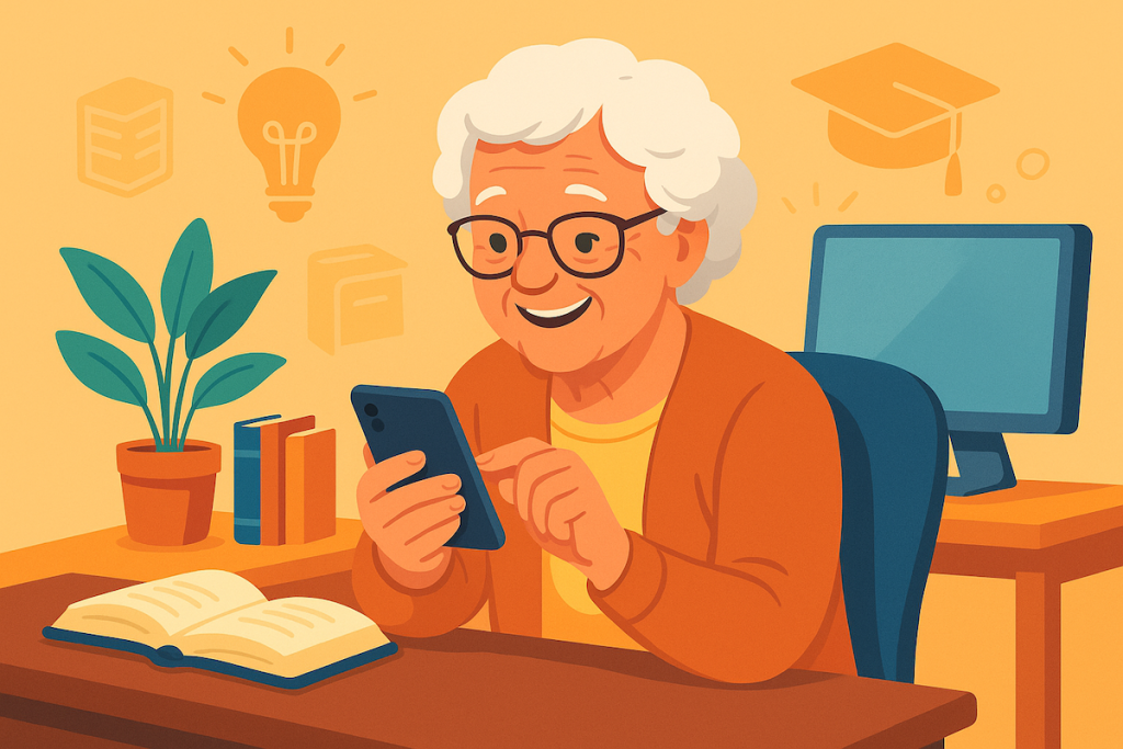 Elderly woman happily learning to use a smartphone at her desk, surrounded by books and symbols of knowledge.