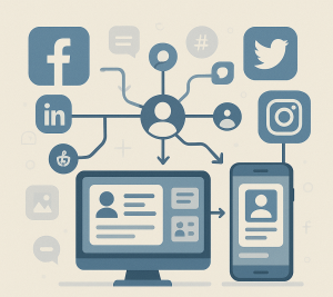 Social Media OSINT illustration—profile cards, mobile and desktop screens, and icons for major social networks connected by lines.
