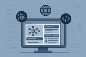 Web recon OSINT toolkit illustration—browser window with network diagrams, vulnerability scan results, bug and globe icons.